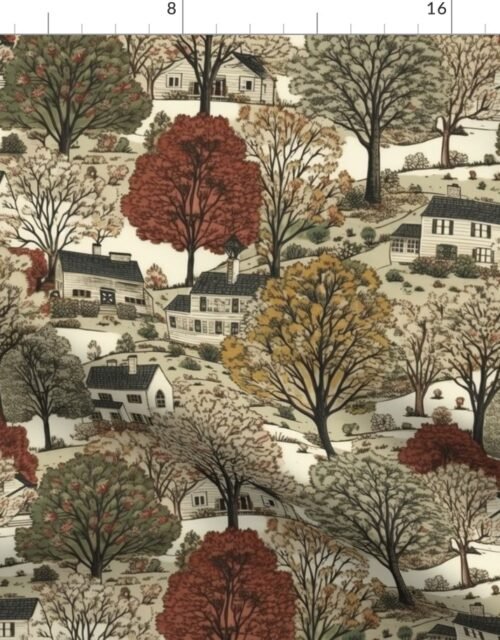 Small New England Village Houses with Trees in Muted Colors Fabric