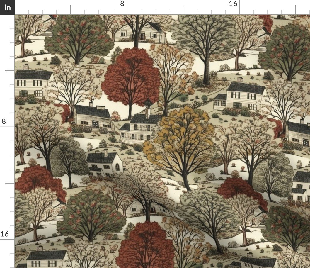 Small New England Village Houses with Trees in Muted Colors Fabric Small New England Village Houses with Trees in Muted Colors Fabric