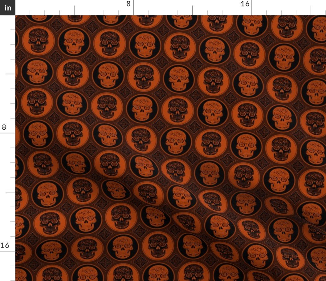 Small Orange and Black Skulls Calaveras Day of the Dead Dia de los Muertos Fabric