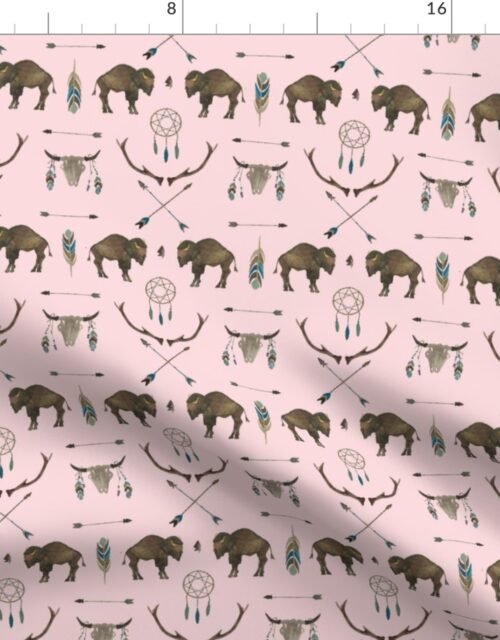 Small Pale Pink Buffalo Handpainted Western Motifs Fabric