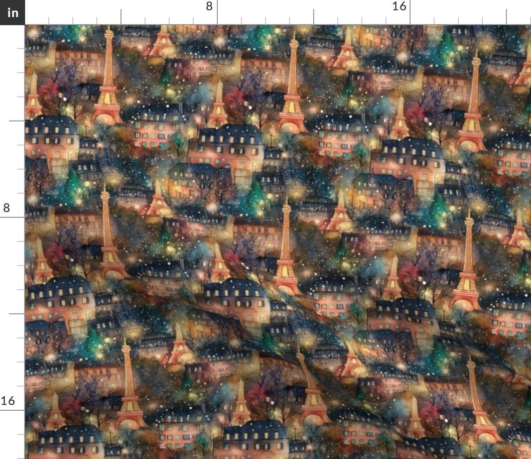 Small Paris City Christmas Street Scene Watercolor Fabric
