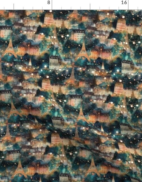 Small Paris City Christmas Street Scene Watercolor Fabric