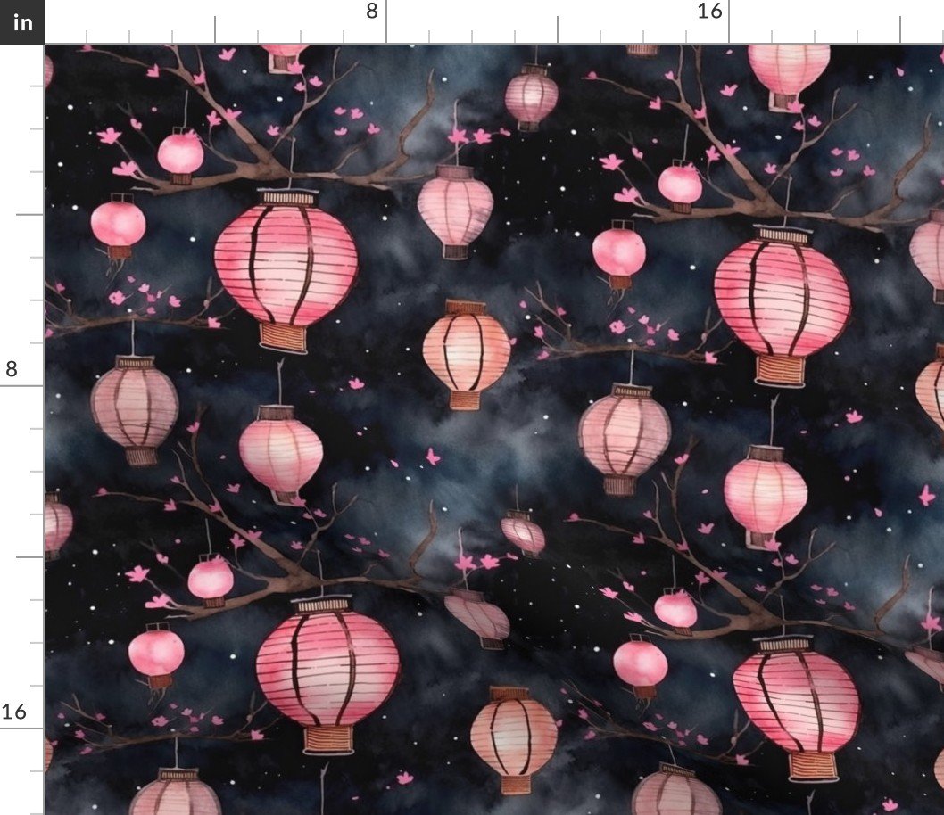 Small Pink Glowing Chinese Paper Lanterns Watercolor Fabric