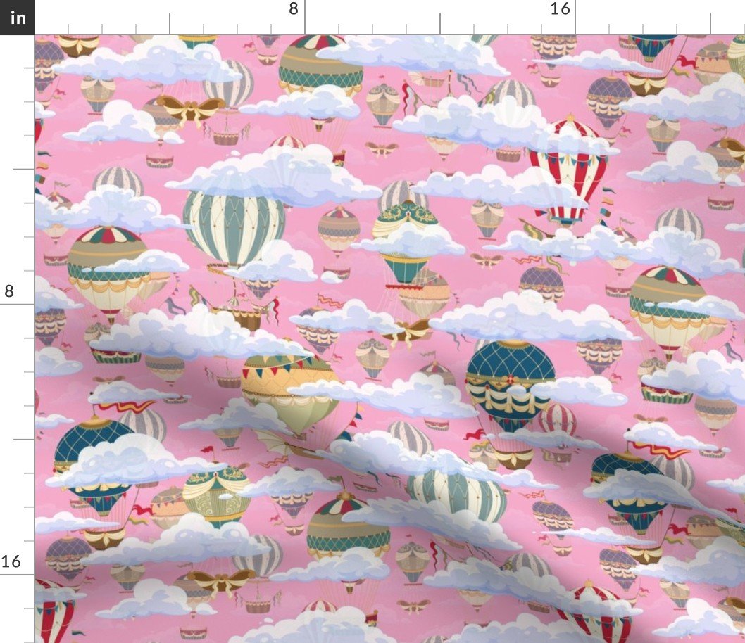 Small Pink Vintage Ornamental Winged Hot Air Helium Balloons in Clouds Race Fabric Small Pink Vintage Ornamental Winged Hot Air Helium Balloons in Clouds Race Fabric