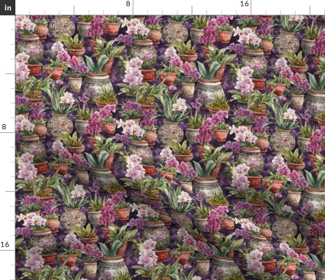 Small Potted Orchid Plants Watercolor Fabric Small Potted Orchid Plants Watercolor Fabric