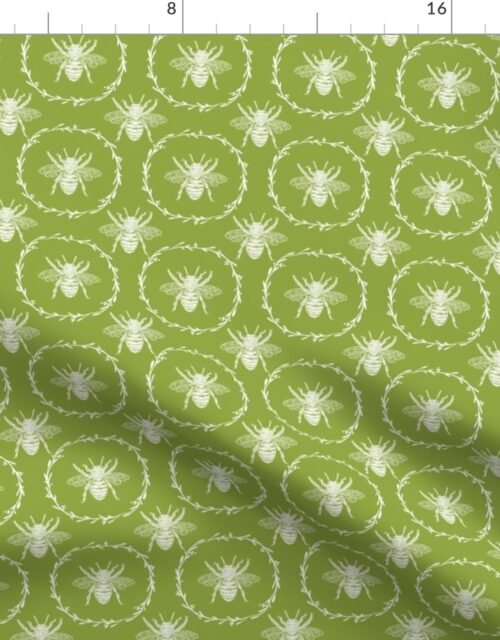 Small Provincial Bees in Laurel Wreaths in White on Grass Green Fabric
