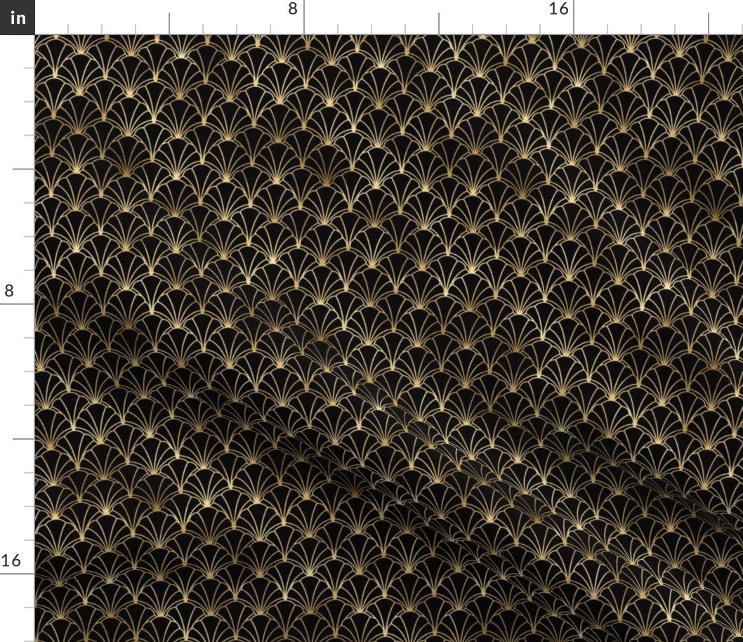 Small Scallop Shells in Black and Gold Art Deco Vintage Foil Pattern Fabric Small Scallop Shells in Black and Gold Art Deco Vintage Foil Pattern Fabric