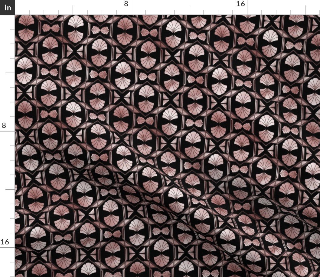 Small Scallop Shells in Black and Rose Gold Art Deco Vintage Foil Pattern Fabric