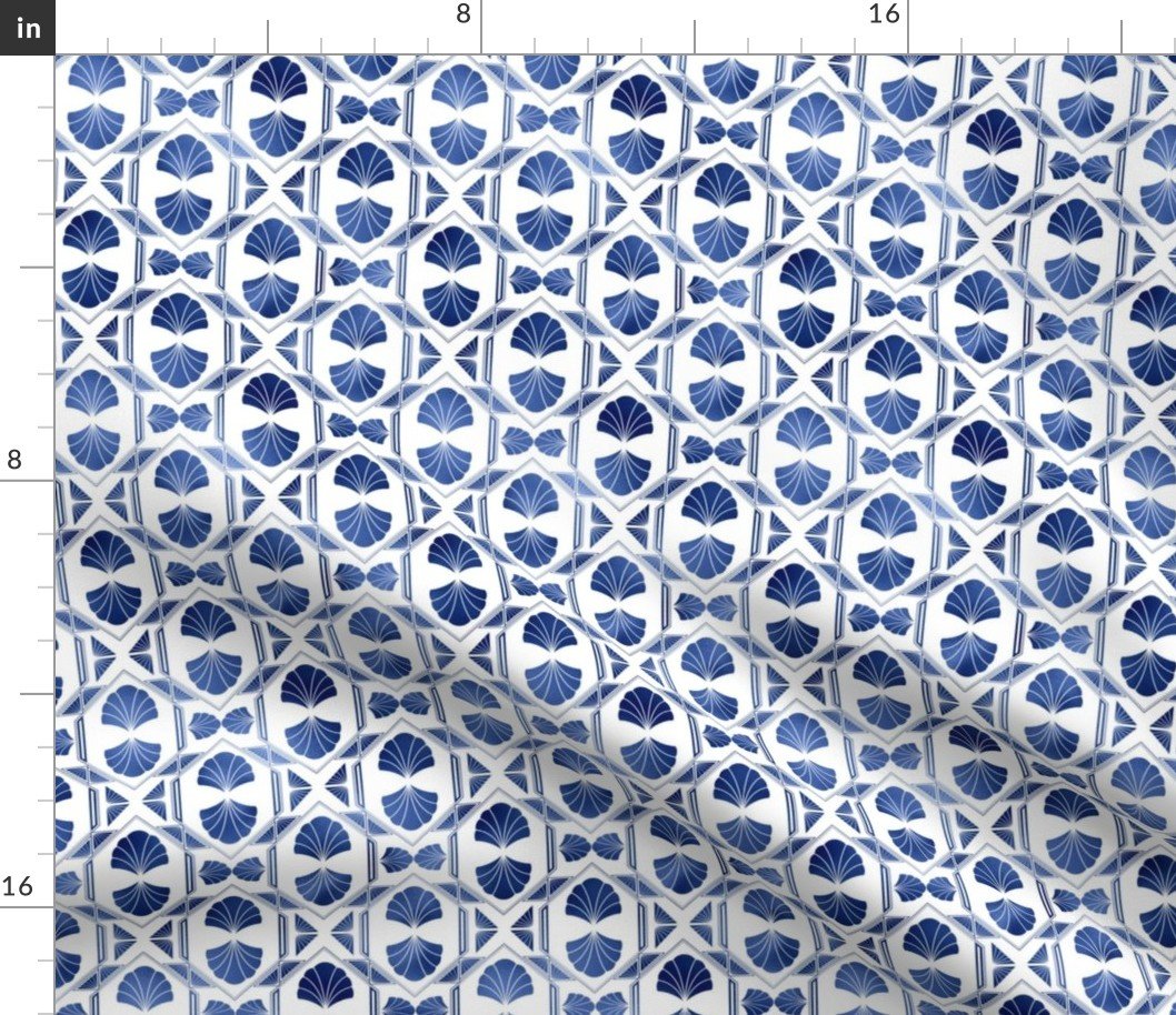 Small Scallop Shells in Blue and White Art Deco Vintage Foil Pattern Fabric