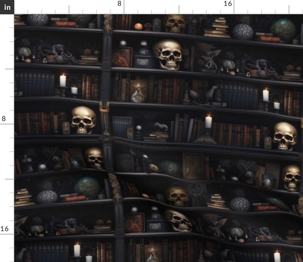 Small Spooky Photo-realistic Dark Academia Bookshelves in Muted Tones with Glowing Candles and Skulls Fabric