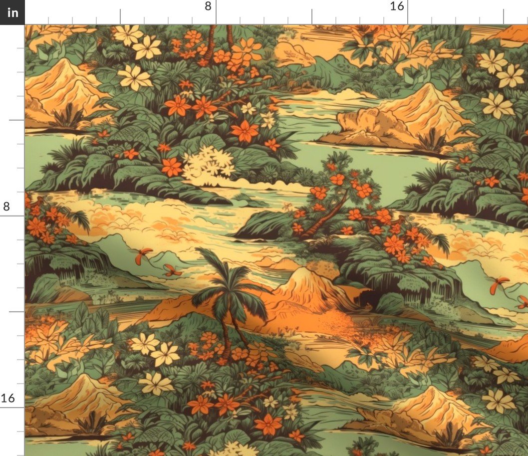 Small Vintage Hawaiian Landscape Green Fabric