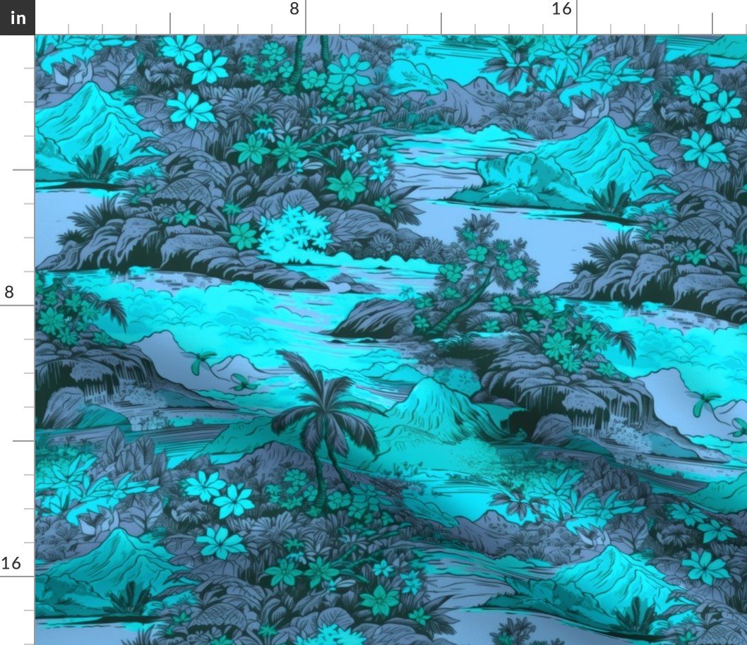Small Vintage Hawaiian Landscape in Aqua and Violet Fabric Small Vintage Hawaiian Landscape in Aqua and Violet Fabric