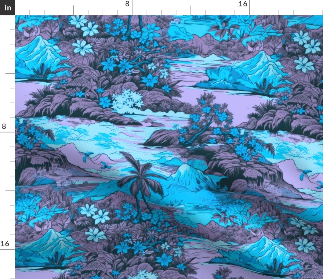 Small Vintage Hawaiian Landscape in Blue and Violet Fabric Small Vintage Hawaiian Landscape in Blue and Violet Fabric