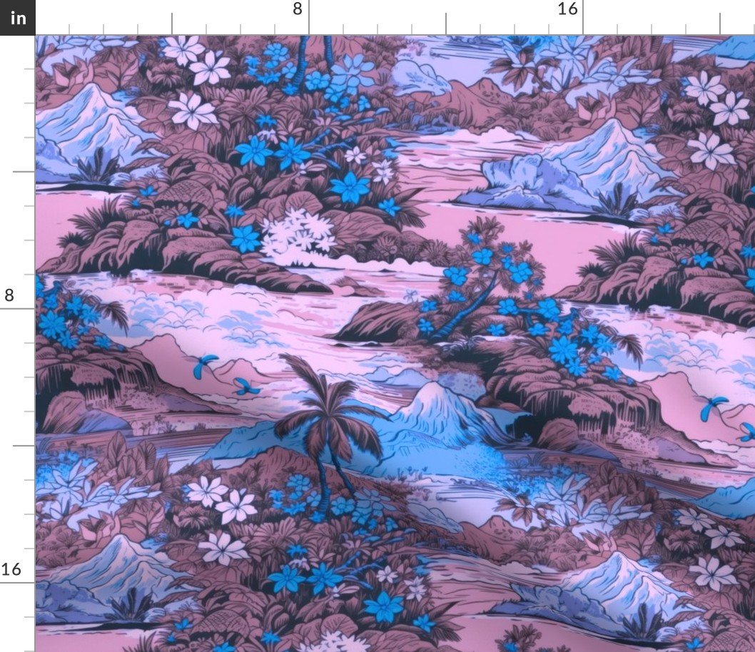 Small Vintage Hawaiian Landscape in Pink and Blue Fabric