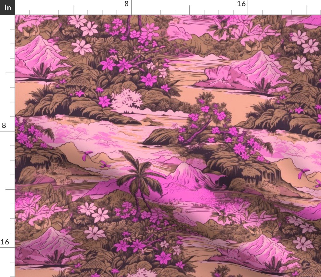 Small Vintage Hawaiian Landscape in Pink and Peach Fabric Small Vintage Hawaiian Landscape in Pink and Peach Fabric
