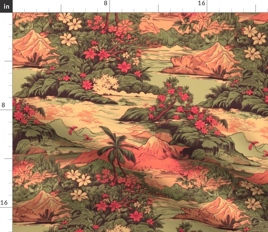 Small Vintage Hawaiian Landscape in Sage Green and Orange Fabric