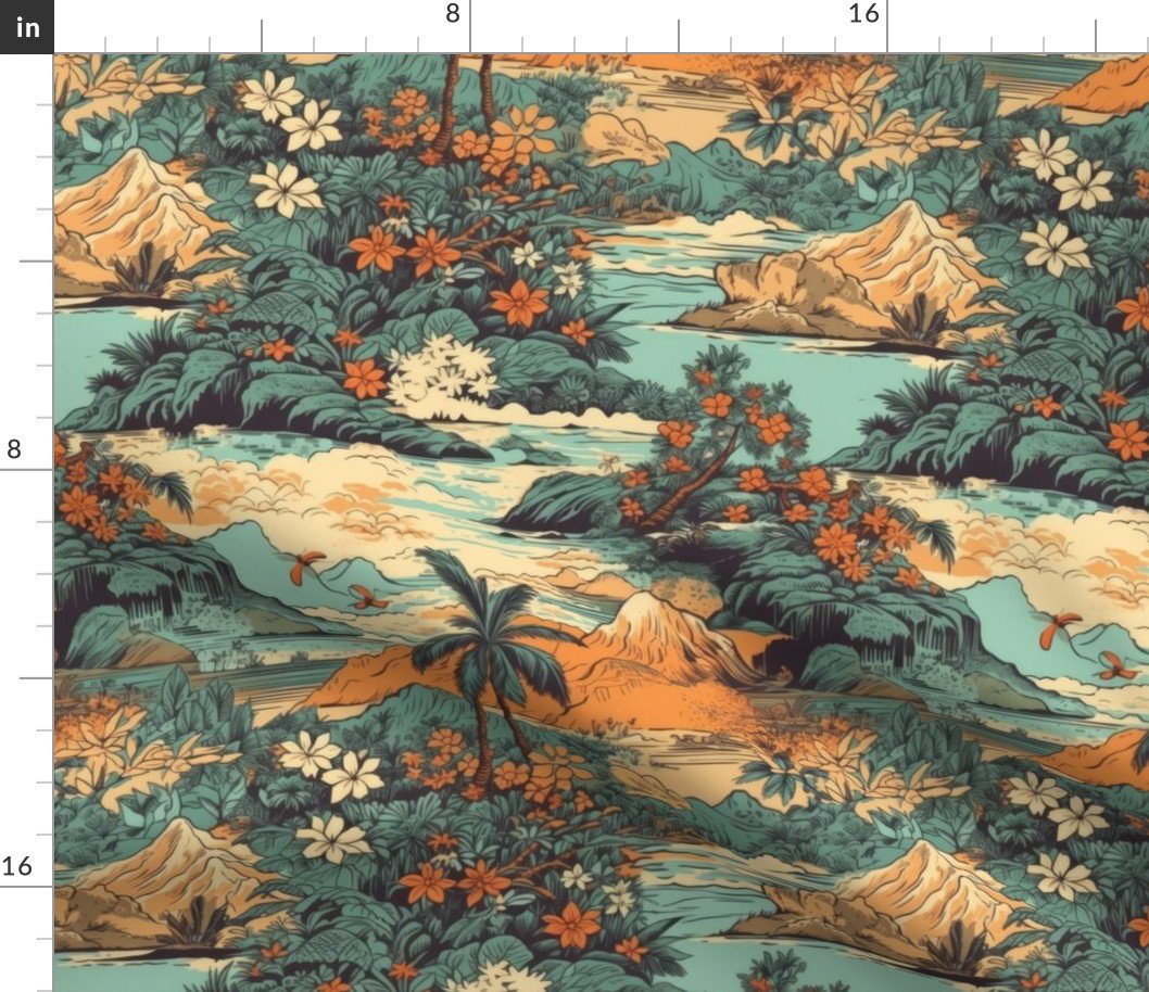 Small Vintage Hawaiian Landscape in Teal and Orange Fabric