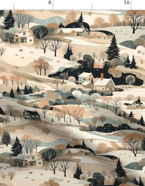 Small Vintage New England Village Winter Fabric