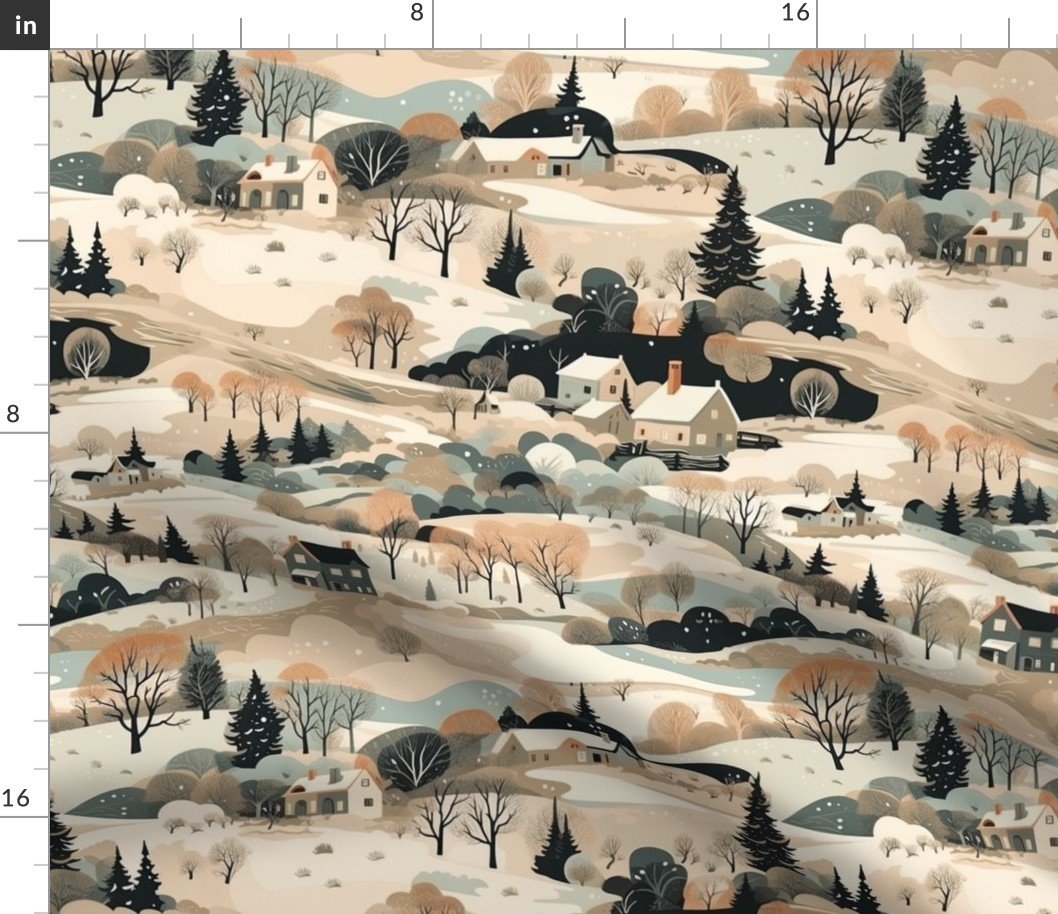 Small Vintage New England Village Winter Fabric