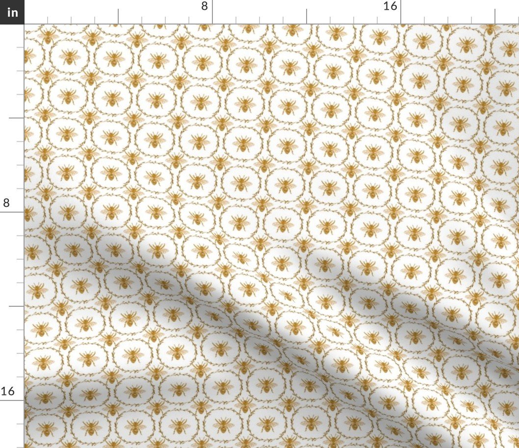 Small Vintage Shabby Chic Bees in Laurel Wreaths in Gold on White Fabric