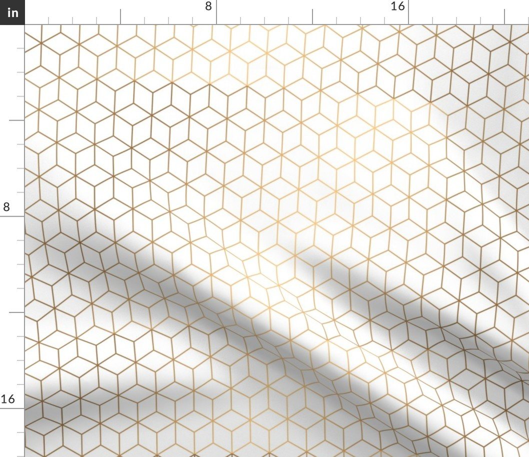 Small White and Faux Metallic Gold Art Deco 3D Geometric Cubes Fabric Small White and Faux Metallic Gold Art Deco 3D Geometric Cubes Fabric
