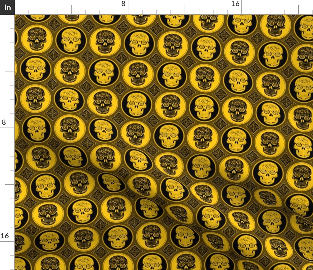 Small Yellow and Black Skulls Calaveras Day of the Dead Dia de los Muertos Fabric Small Yellow and Black Skulls Calaveras Day of the Dead Dia de los Muertos Fabric