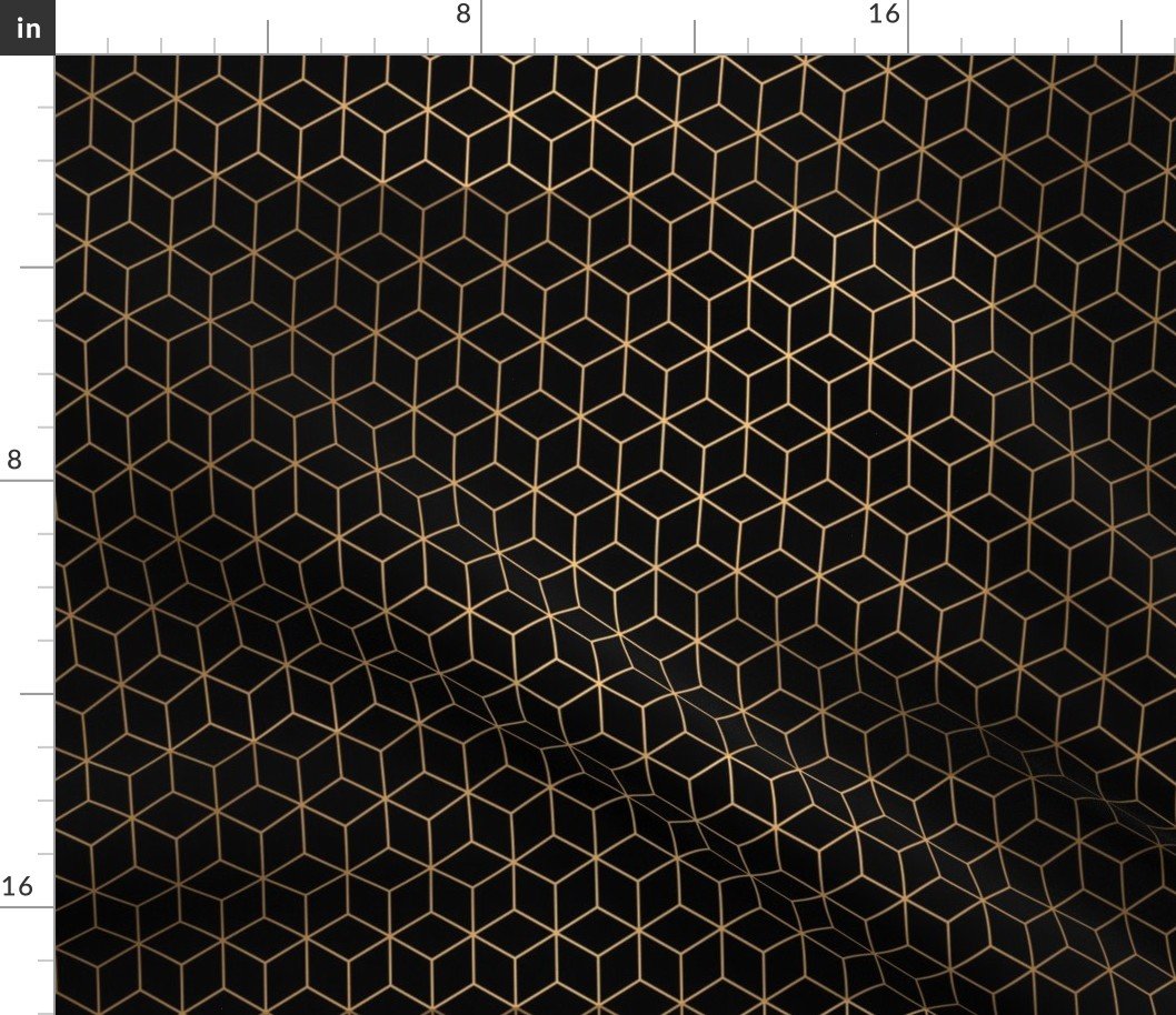 Small  Black and Faux Metallic Gold Art Deco 3D Geometric Cubes Fabric