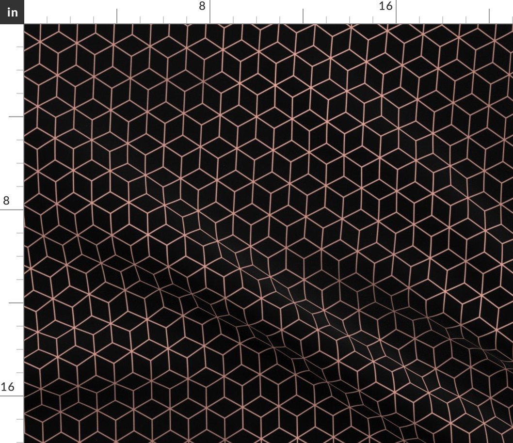 Small  Black and Faux Metallic Rose Gold Art Deco 3D Geometric Cubes Fabric