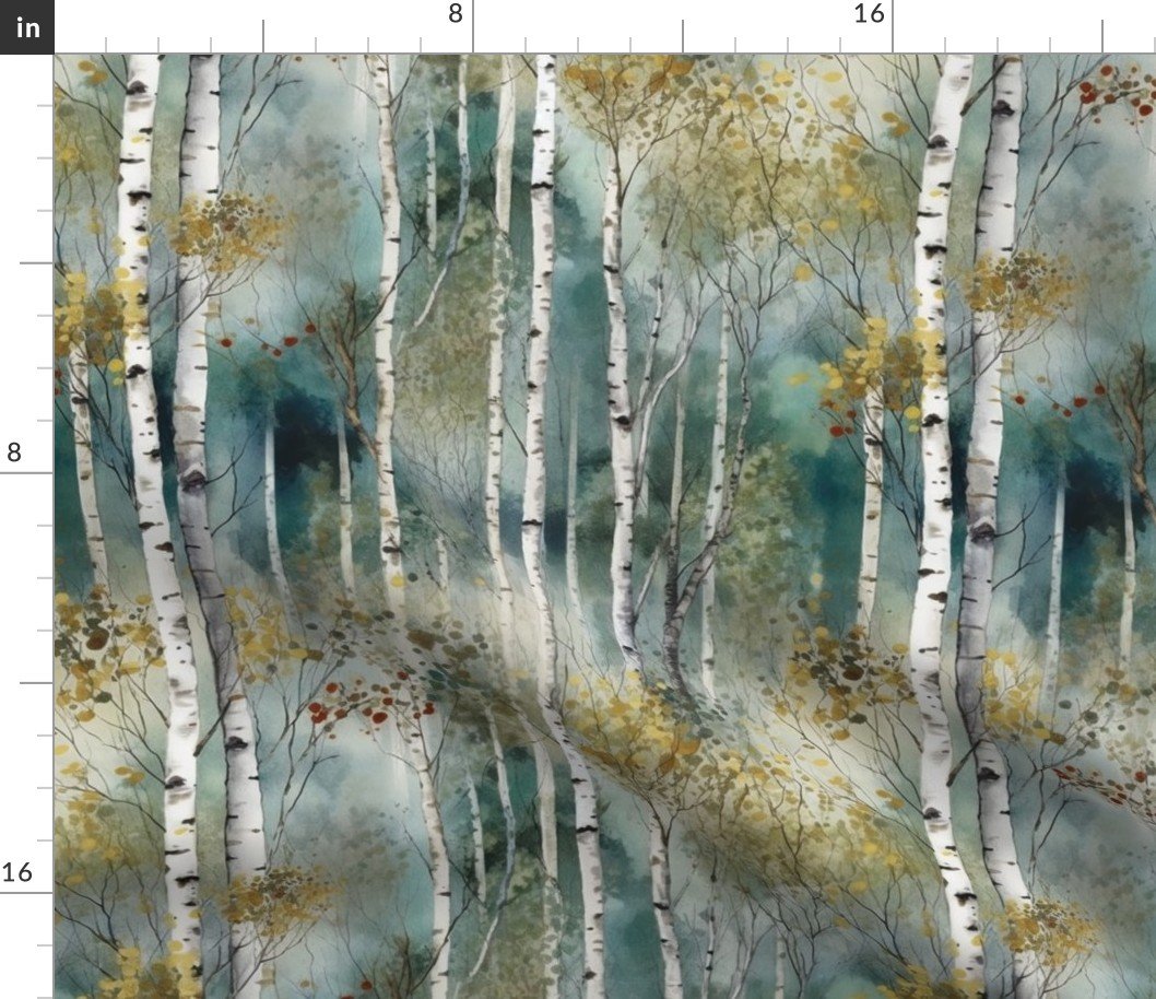 Smaller Endless Birch Tree Dreamscape Trees in Misty Forest Watercolor Fabric