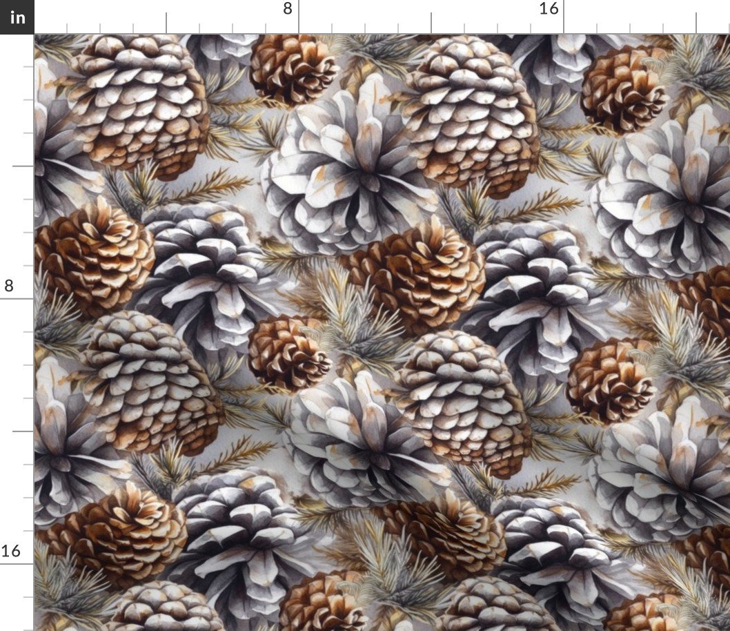 Snow Covered Faux Silver and Gold_Pinecones Watercolor Fabric