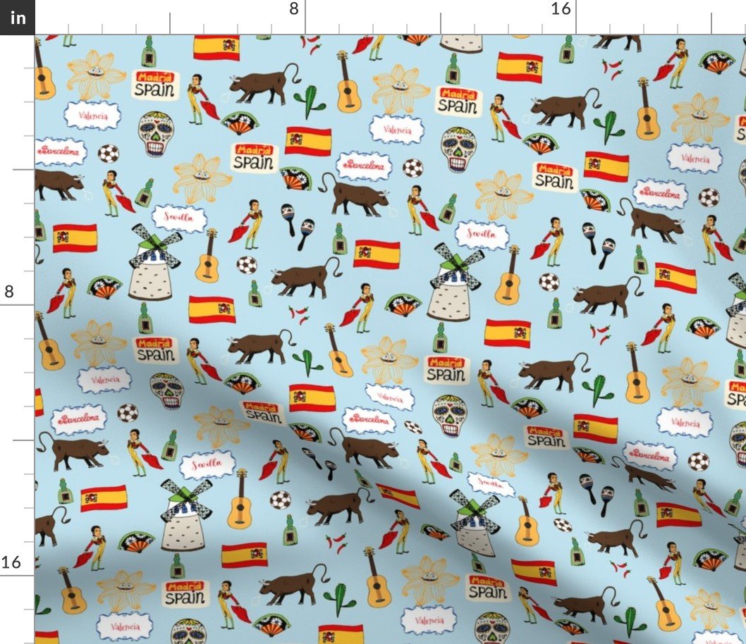 Spain Handdrawn Motifs Matador, Windmill, Bull, Maracas, Football, Flamenco Guitar on Blue Fabric