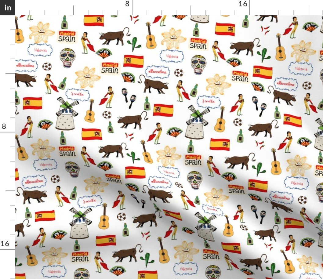 Spain Handdrawn Motifs Matador, Windmill, Bull, Maracas, Football, Flamenco Guitar on White Fabric