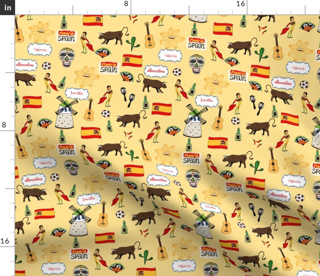Spain Handdrawn Motifs Matador, Windmill, Bull, Maracas, Football, Flamenco Guitar on Yellow Fabric Spain Handdrawn Motifs Matador, Windmill, Bull, Maracas, Football, Flamenco Guitar on Yellow Fabric