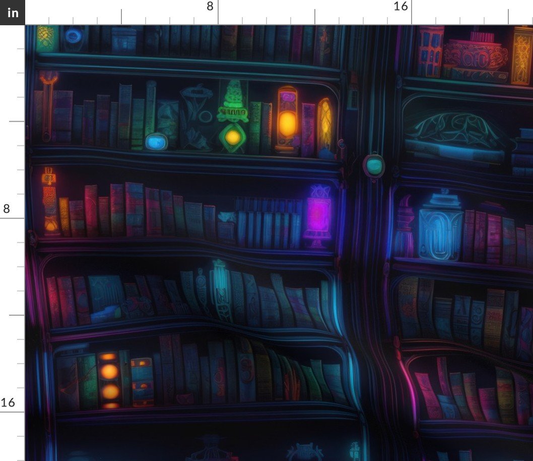 Spooky Photo-realistic Dark Academia Bookshelves in Bright Neons with Glowing Lanterns Fabric
