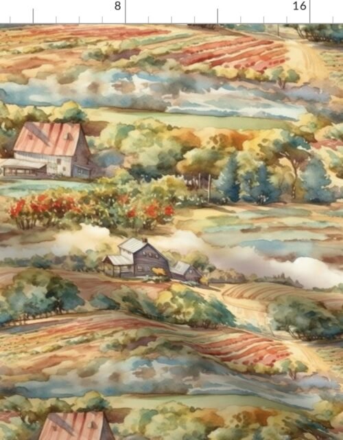 Summer Farm Landscape Watercolor Fabric