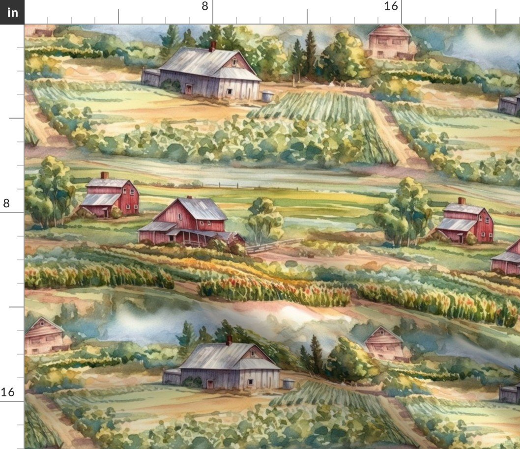 Summer Farm Landscape Watercolor Fabric Summer Farm Landscape Watercolor Fabric