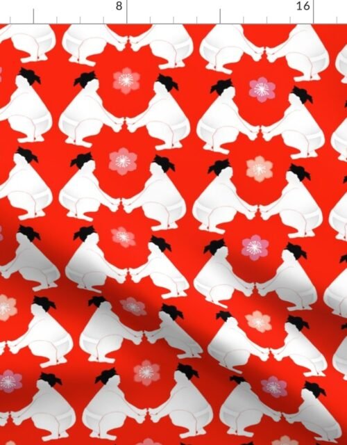 Sumos Wrestling on Japanese Flag Red Fabric