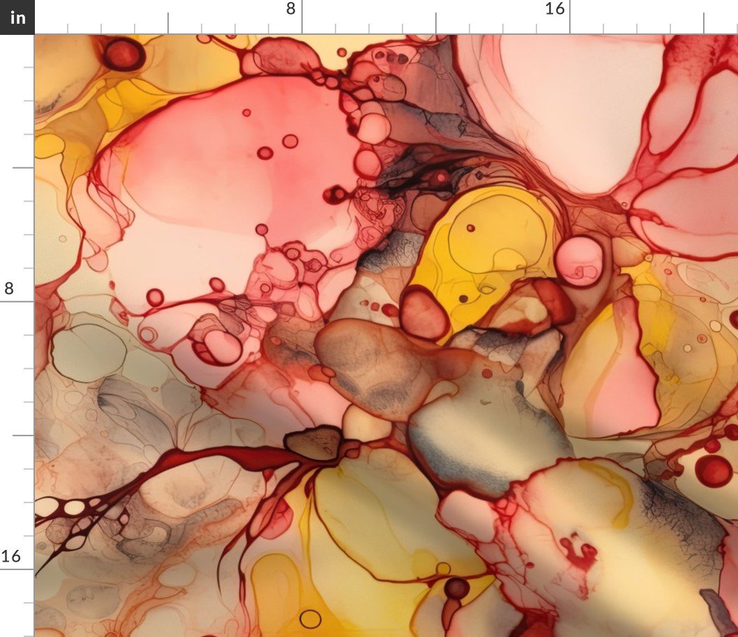 Sunrise Yellow and Peach with Rose Gold Alcohol Ink Liquid Swirls Fabric