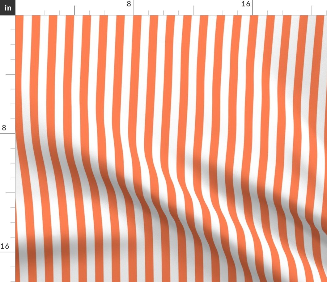 Sunset Coral and White 1/2 Inch Vertical Cabana Stripes Fabric Sunset Coral and White 1/2 Inch Vertical Cabana Stripes Fabric