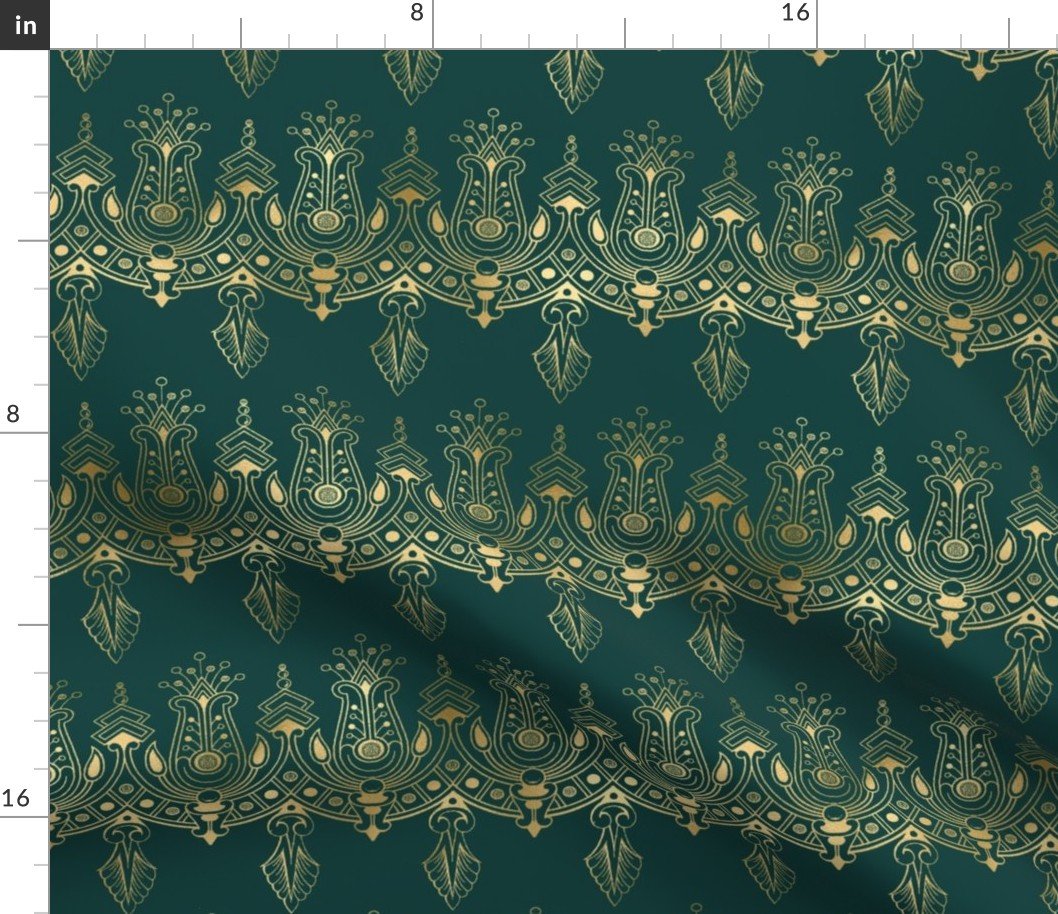 Teal and Faux Gold Foil Vintage Art Deco Damask Border Pattern Fabric