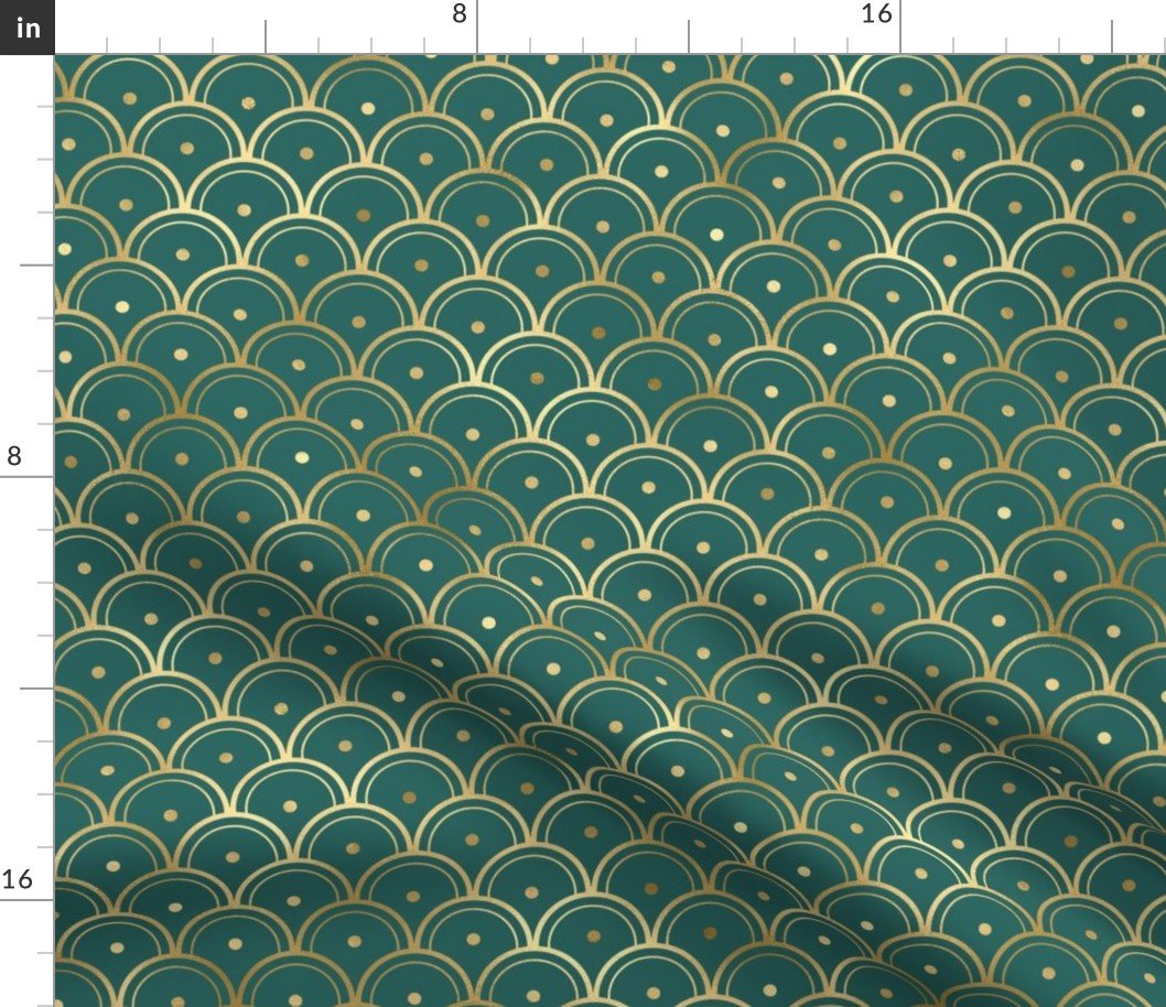 Teal and Faux Gold Foil Vintage Art Deco Dotted Scales Pattern Fabric