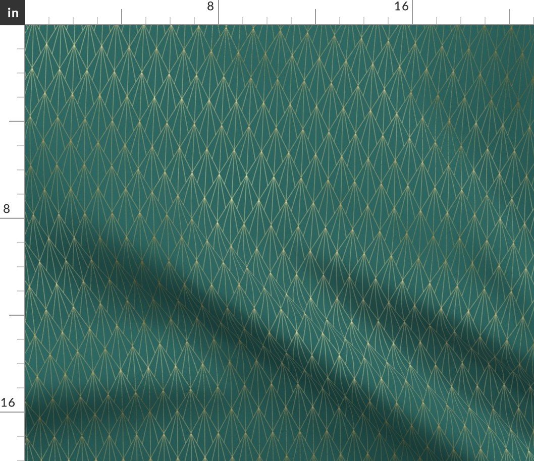 Teal and Faux Gold Foil Vintage Art Deco Fan Pattern Fabric