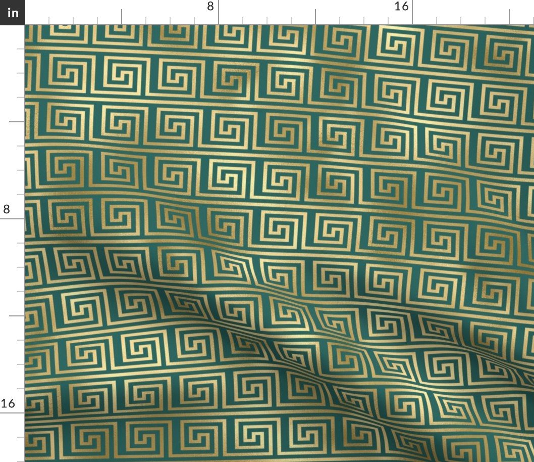 Teal and Faux Gold Foil Vintage Art Deco Greek Key Pattern Fabric