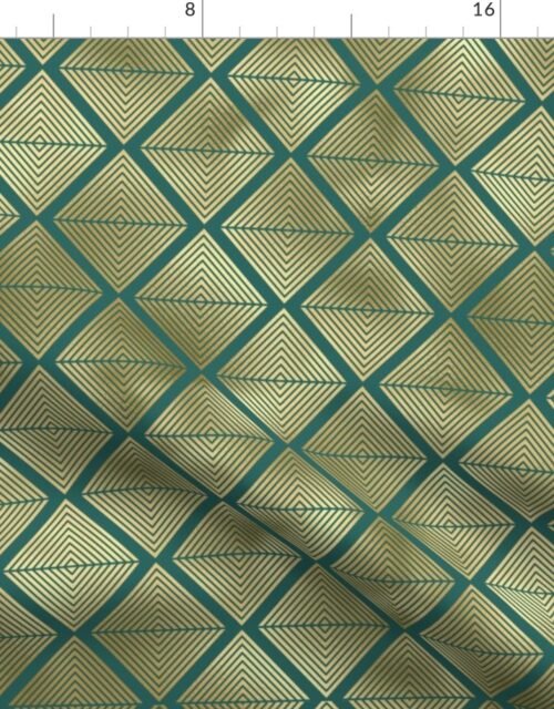 Teal and Faux Gold Foil Vintage Art Deco Lined Diamonds Pattern Fabric
