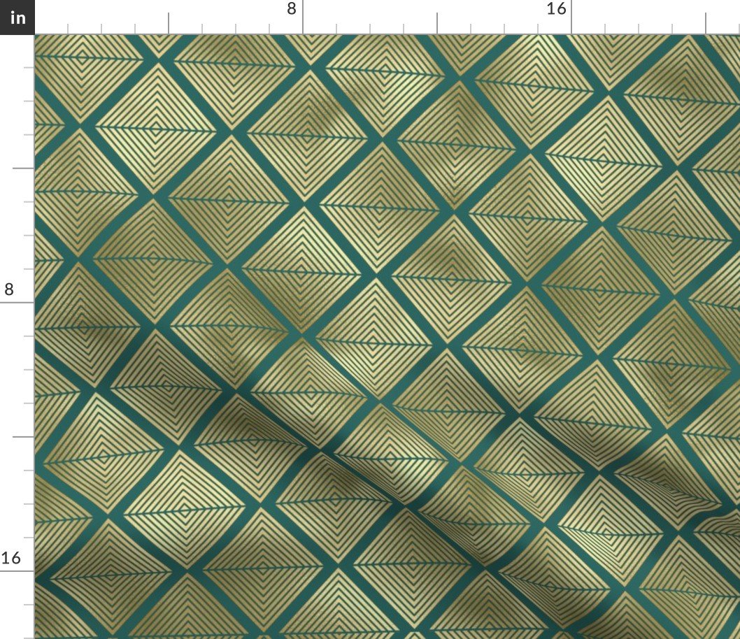 Teal and Faux Gold Foil Vintage Art Deco Lined Diamonds Pattern Fabric