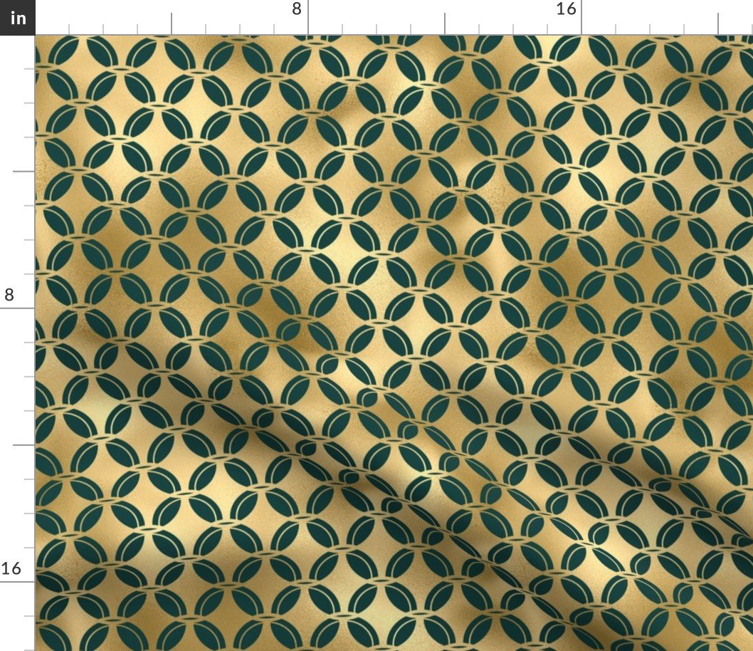 Teal and Faux Gold Foil Vintage Art Deco Quatrefoil Pattern Fabric