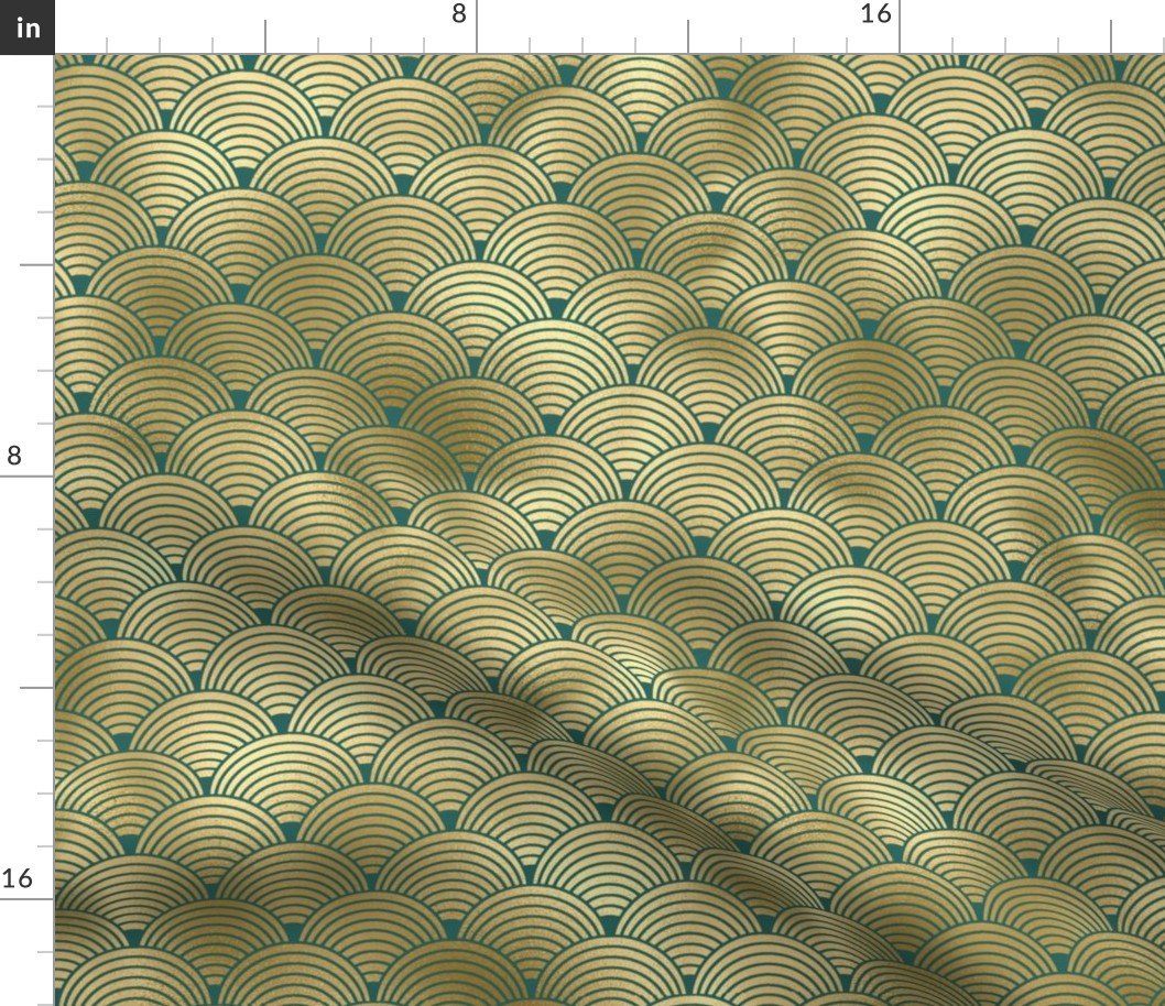 Teal and Faux Gold Foil Vintage Art Deco Scales Pattern Fabric