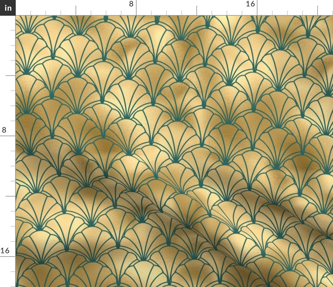 Teal and Faux Gold Foil Vintage Art Deco Scallop Shell Pattern Fabric