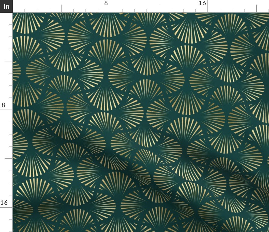 Teal and Faux Gold Foil Vintage Art Deco Splayed Fan Palm Pattern Fabric