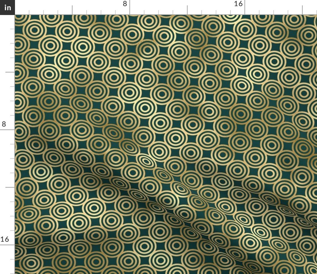 Teal and Faux Gold Foil Vintage Circles Pattern Fabric
